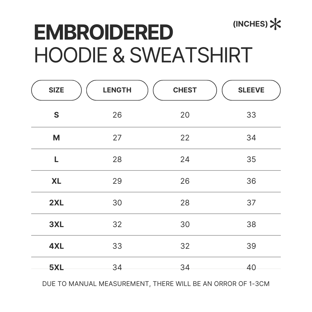 Embroidered Hoodie Sweatshirt Size Chart - Demon Slayer Store