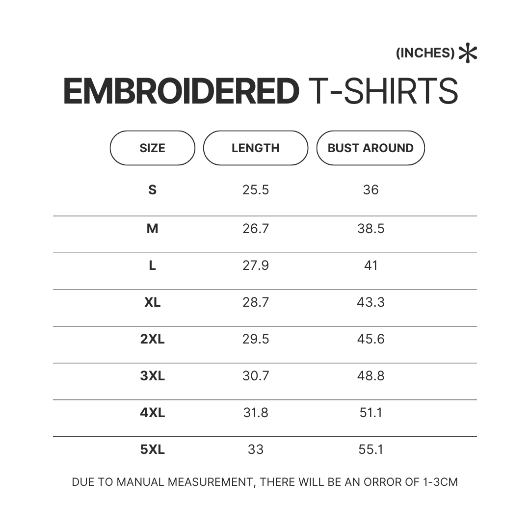 Embroidered T shirt Size Chart - Demon Slayer Store